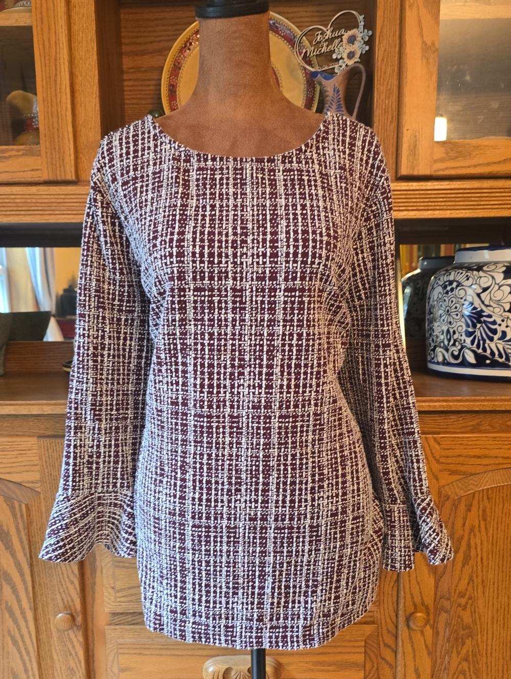 Talbots Burgundy and White Textured Long-Sleeve Scoop Neck Dress